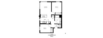 A floor plan of a 2 bedroom apartment with a living room, kitchen, bathroom and two bedrooms.
