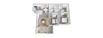 A 3D floor plan of a house showing the layout of the rooms.