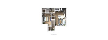 A floor plan of a house with a kitchen, living room, and bathroom.