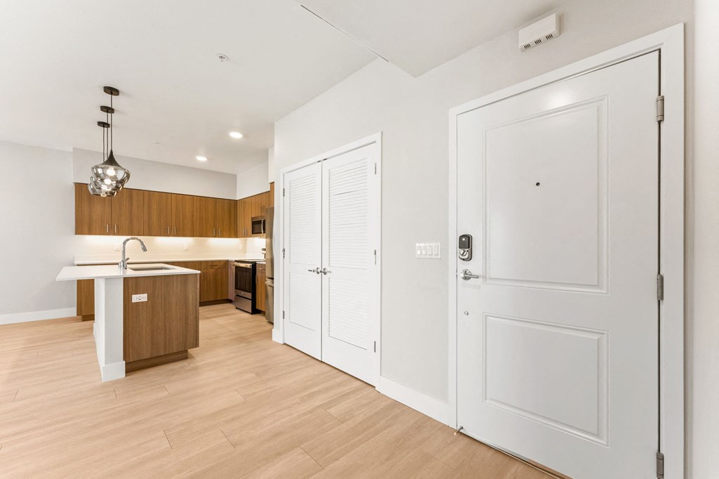 a renovated living room and kitchen with white doors