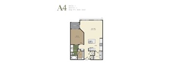 A floor plan of a one bedroom apartment with a bathroom and a living room.