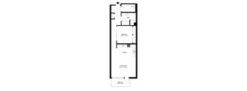 A floor plan of a house with a living room, kitchen, bathroom and balcony.