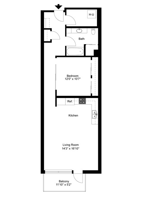 A floor plan of a house with a living room, kitchen, bathroom and balcony.