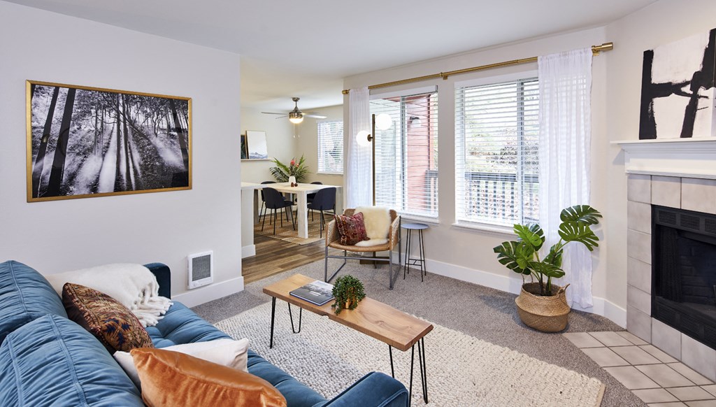 Echo Mountain Apartments Model Living Room and Fireplace