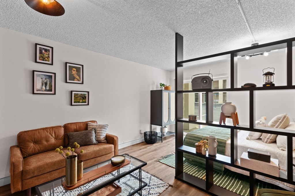 a living room with a couch and a glass display case