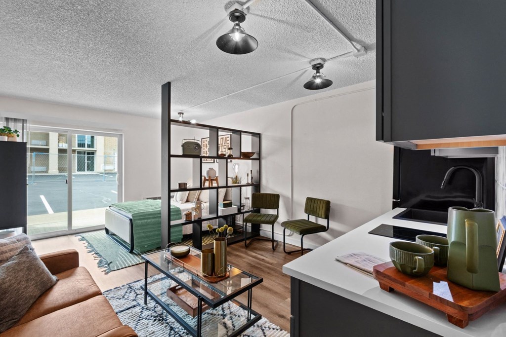 a living area with a kitchen and a living room with a couch