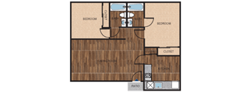 A drawing of a house layout with a living room, two bedrooms, a bathroom, a kitchen, a patio, and a tying room.