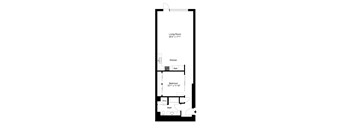 A floor plan of a small apartment with a living room, kitchen, bathroom and bedroom.
