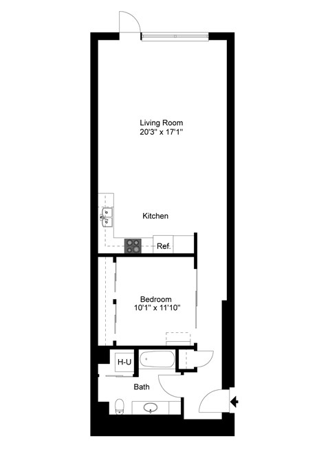 A floor plan of a small apartment with a living room, kitchen, bathroom and bedroom.