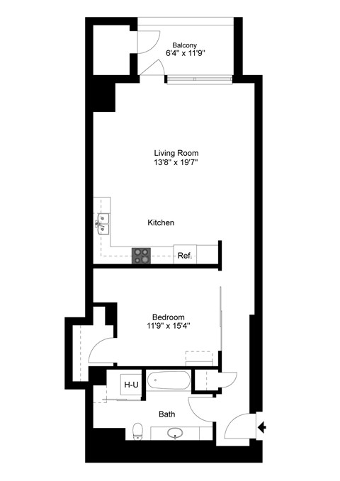 A floor plan of a home with a living room, kitchen, bathroom and bedroom.