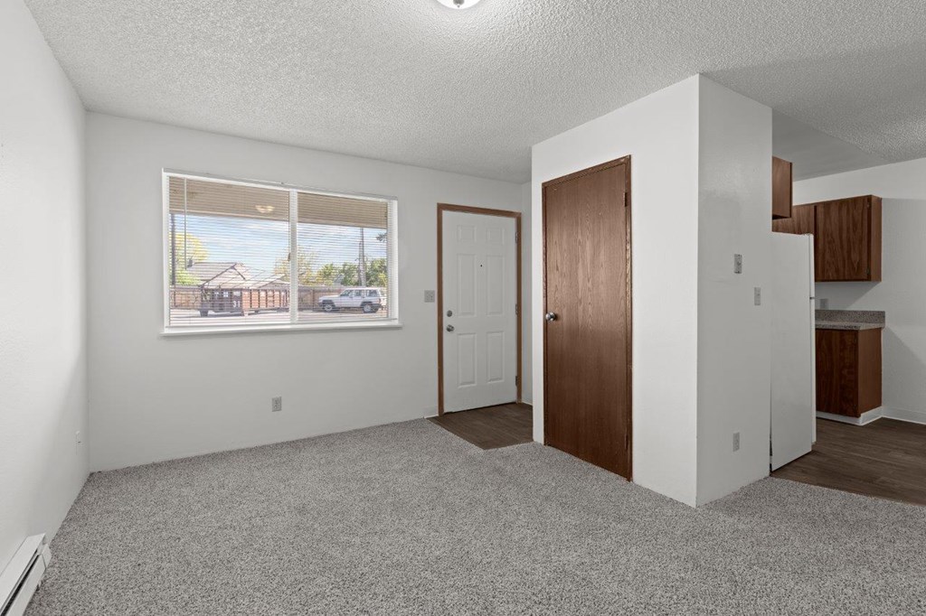 A room with a window, a door, and a cabinet.