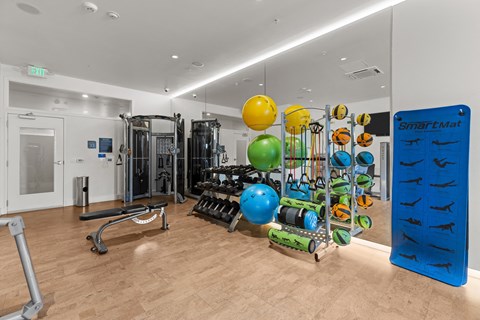 a gym with weights and other exercise equipment on a wooden floor