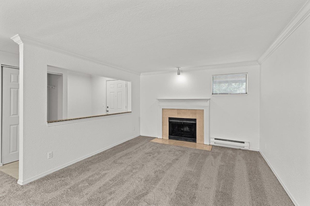 A room with a fireplace and carpeted floor.