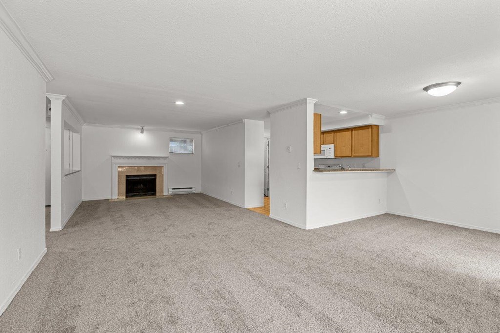 A spacious living room with a fireplace and a kitchenette in the background.