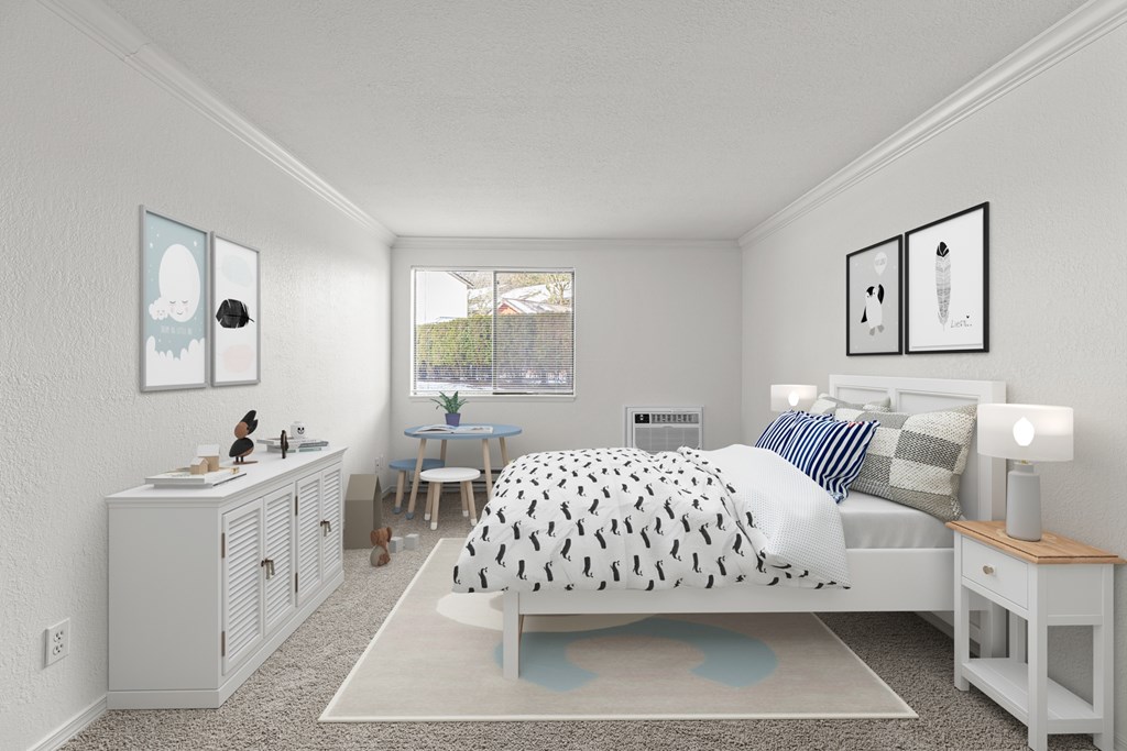 A bedroom with a bed, nightstand, and a cabinet.