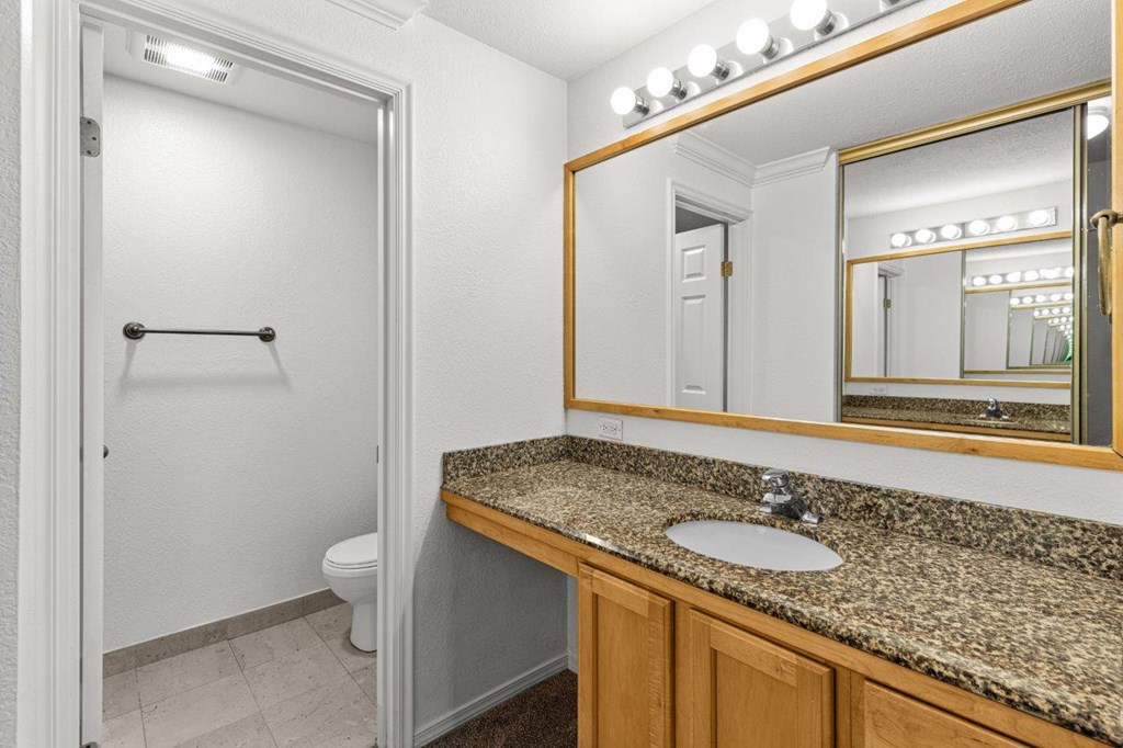 A bathroom with a granite countertop and a large mirror.