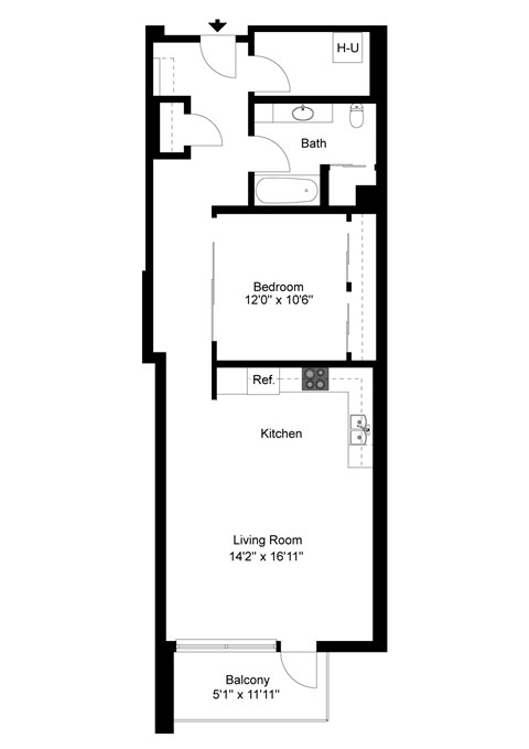 A floor plan of an apartment with a living room, kitchen, bathroom and bedroom.