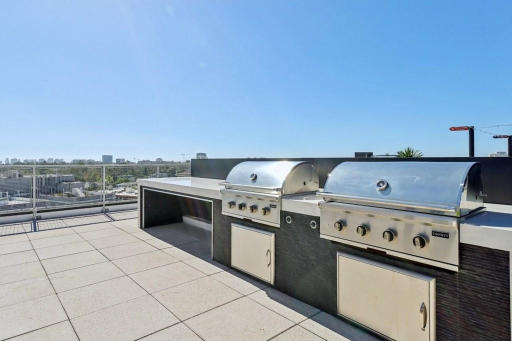 A row of outdoor grills on a rooftop patio.