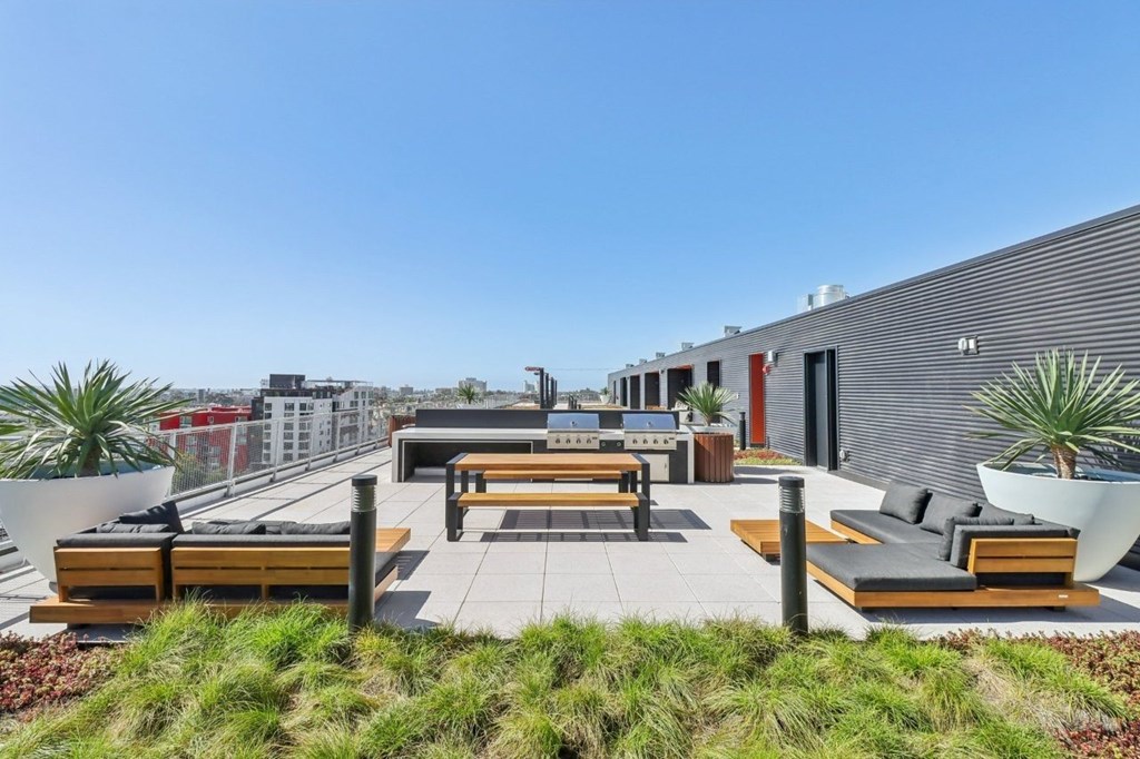 A rooftop patio with benches and plants.