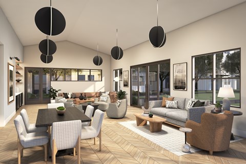 A modern living room with a dining table and chairs.