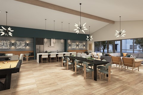 A modern dining room with a pool table and a bar area.