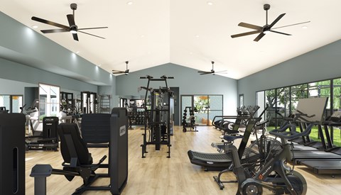 A spacious gym with a variety of equipment including treadmills, elliptical machines, and weights.