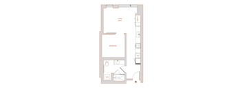 A floor plan of a room with a living area, bedroom, and a W/D.