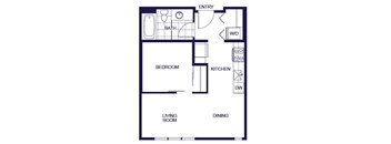 A floor plan of a one bedroom apartment with a living room, dining room, kitchen, bedroom, and bathroom.