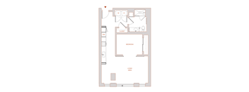 A floor plan of a room with a bedroom, closet, and living area.