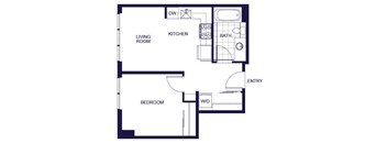 A floor plan of a one bedroom apartment with a living room, dining room, kitchen, bedroom, and bathroom.