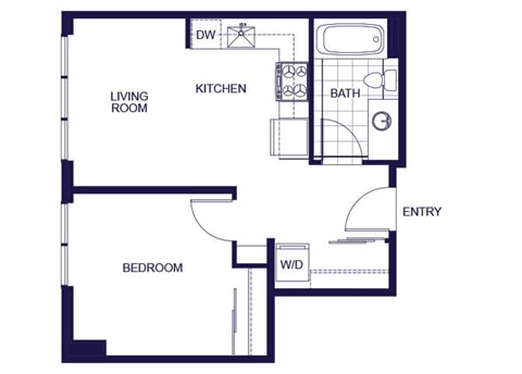 A floor plan of a one bedroom apartment with a living room, dining room, kitchen, bedroom, and bathroom.