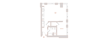 A floor plan of a room with a living area and a bedroom.