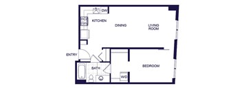 A floor plan of a one bedroom apartment with a living room, dining room, kitchen, bedroom, and bathroom.