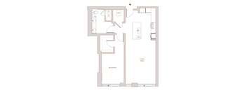 A floor plan of a bedroom with a living area.