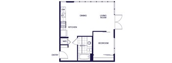 A floor plan of a one bedroom apartment with a living room, dining room, kitchen, bedroom, and bathroom.