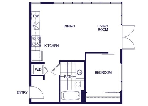 A floor plan of a one bedroom apartment with a living room, dining room, kitchen, bedroom, and bathroom.