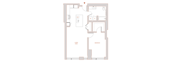 A floor plan of a room with a living area, a bedroom, and a bathroom.