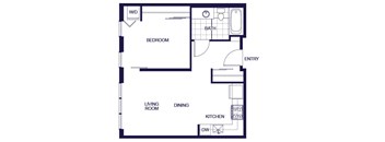 A floor plan of a one bedroom apartment with a living room, dining room, kitchen, bedroom, and bathroom.