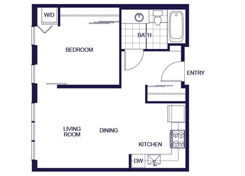 A floor plan of a one bedroom apartment with a living room, dining room, kitchen, bedroom, and bathroom.