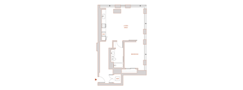 A floor plan of a room with a living area, a bedroom, and a W/D.