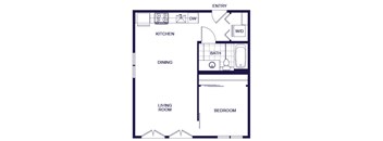 A floor plan of a one bedroom apartment with a living room, dining room, kitchen, bedroom, and bathroom.