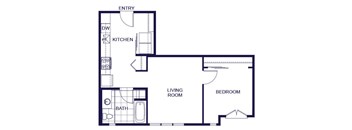 A floor plan of a one bedroom apartment with a living room, dining room, kitchen, bedroom, and bathroom.