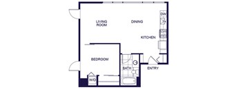 A floor plan of a one bedroom apartment with a living room, dining room, kitchen, bedroom, and bathroom.