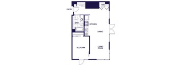 A floor plan of a one bedroom apartment with a living room, dining room, kitchen, bedroom, and bathroom.