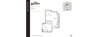 A Sunset Electric floor plan for a studio apartment with dimensions and a smaller inset showing the apartment's location within a building.