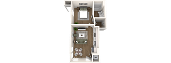 A 3D floor plan of a small apartment with a living room, kitchen, and bedroom.