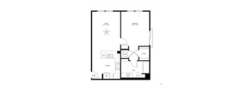 A floor plan of a small apartment with a living room, bedroom, kitchen, bathroom, entry, and closet.