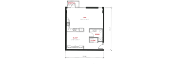 A floor plan of a small apartment with a living room, sleeping area, and bathroom.