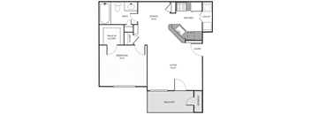 A floor plan of a small apartment with a bedroom, living room, kitchen, and bathroom.