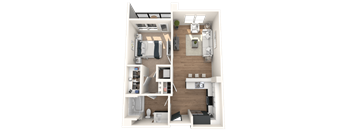 A 3D floor plan of a small apartment with a bedroom, living room, and kitchen.